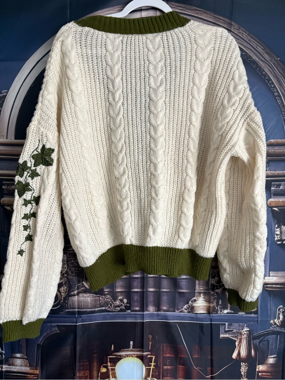 T.S. Evermore Cream Cable Knit Cardigan with Olive Trim - Picture 6 of 7
